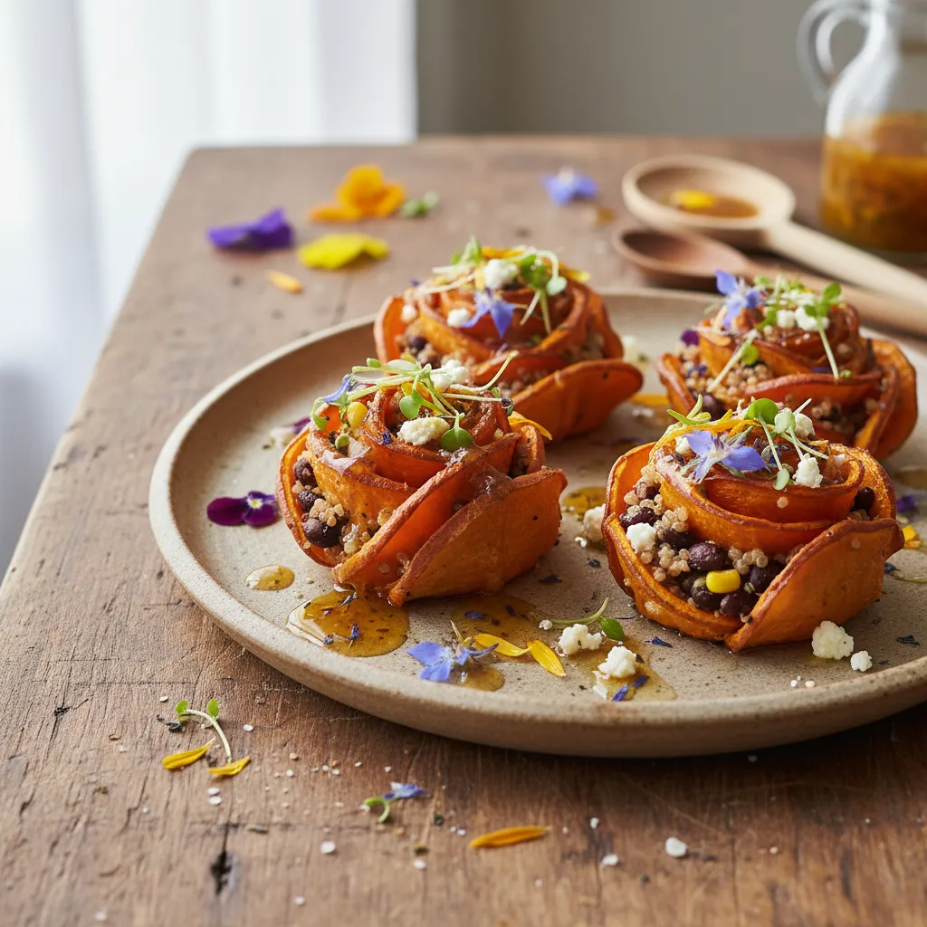 Crispy Quinoa-Stuffed Sweet Potato Blossoms with Edible Flower Vinaigrette