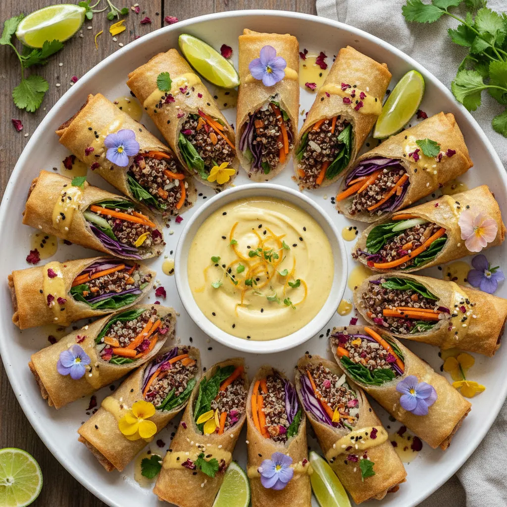 Crispy Quinoa & Edible Flower Spring Rolls with Citrus Drizzle