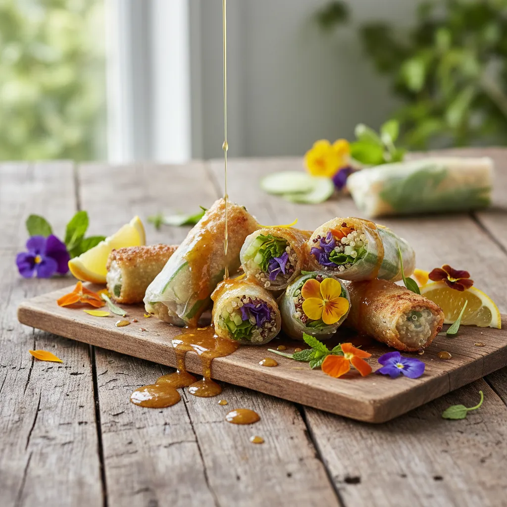 Crispy Quinoa & Edible Flower Spring Rolls with Citrus Drizzle