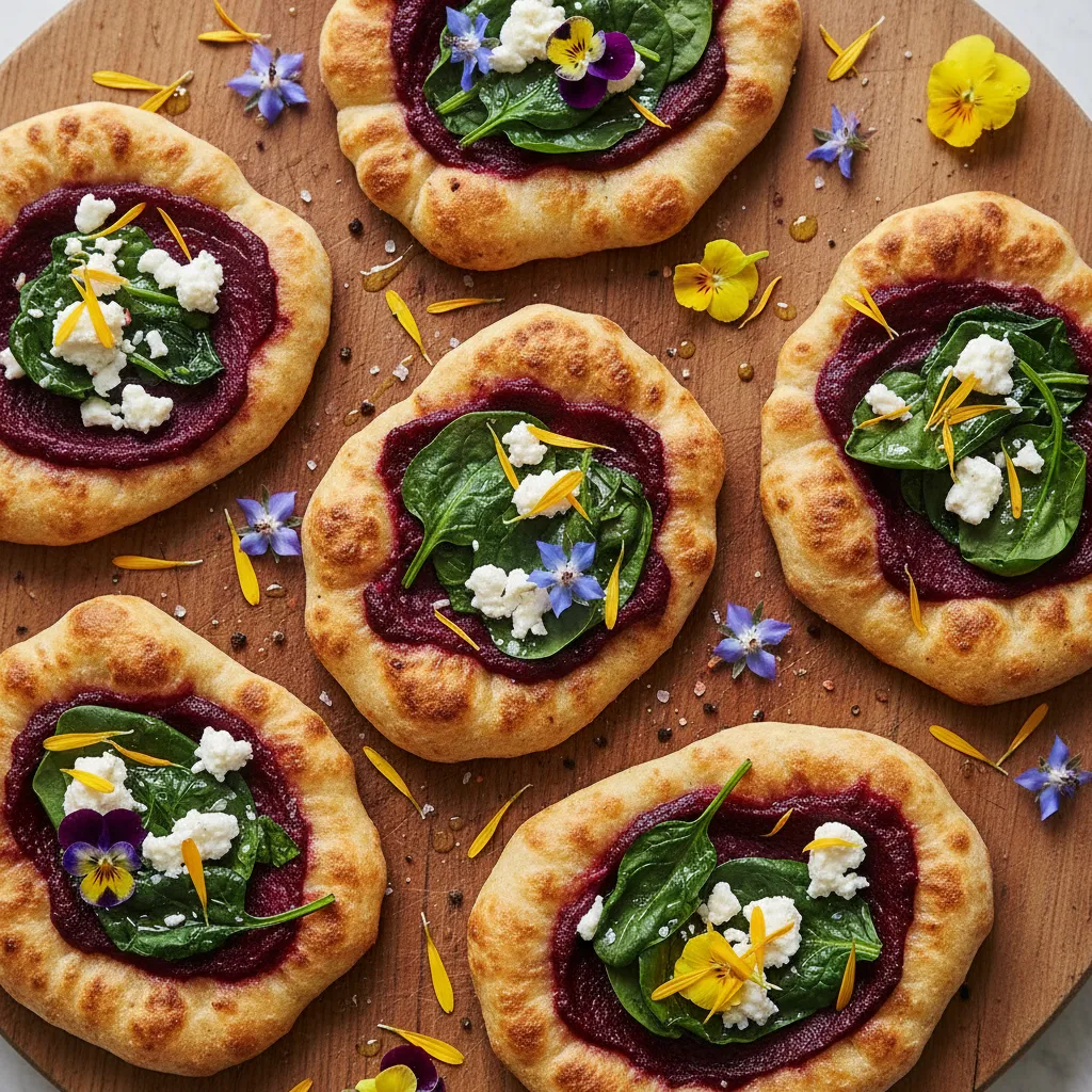 Crispy Spinach and Beetroot Feta Flatbreads with Edible Flower Garnish