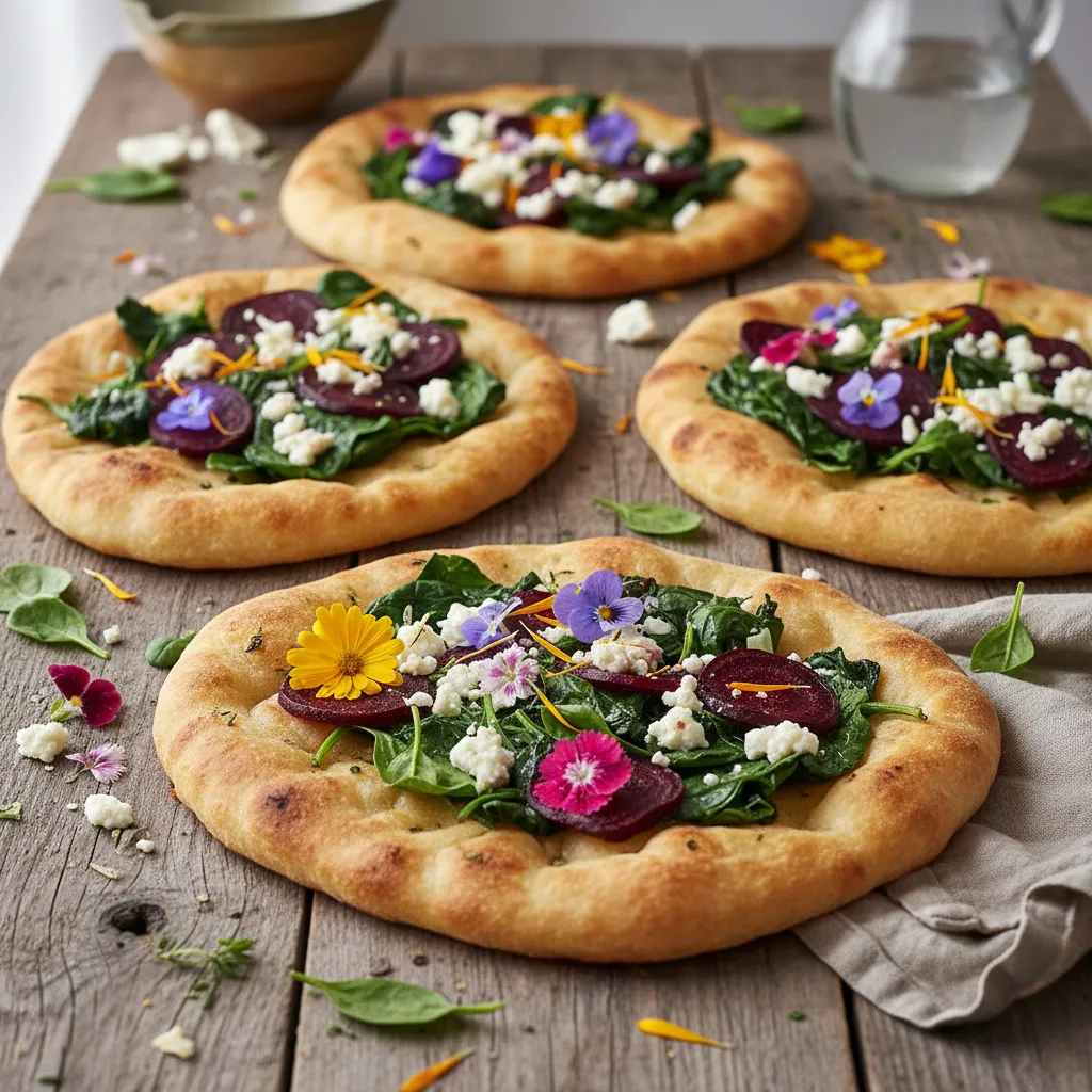 Crispy Spinach and Beetroot Feta Flatbreads with Edible Flower Garnish