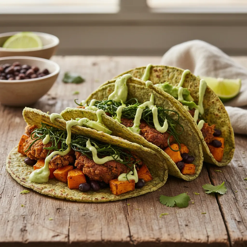 Crispy Spirulina and Sweet Potato Tacos with Avocado Lime Drizzle