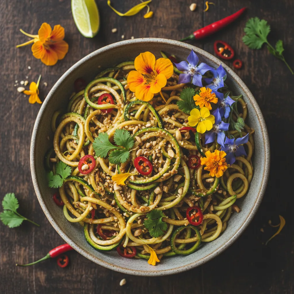 Crispy Thai Lime Zucchini Noodles with Edible Flower Garnish