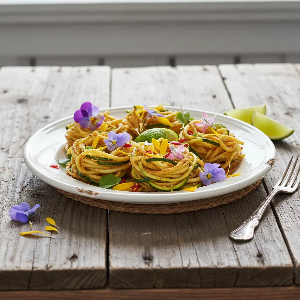 Crispy Thai Lime Zucchini Noodles with Edible Flower Garnish