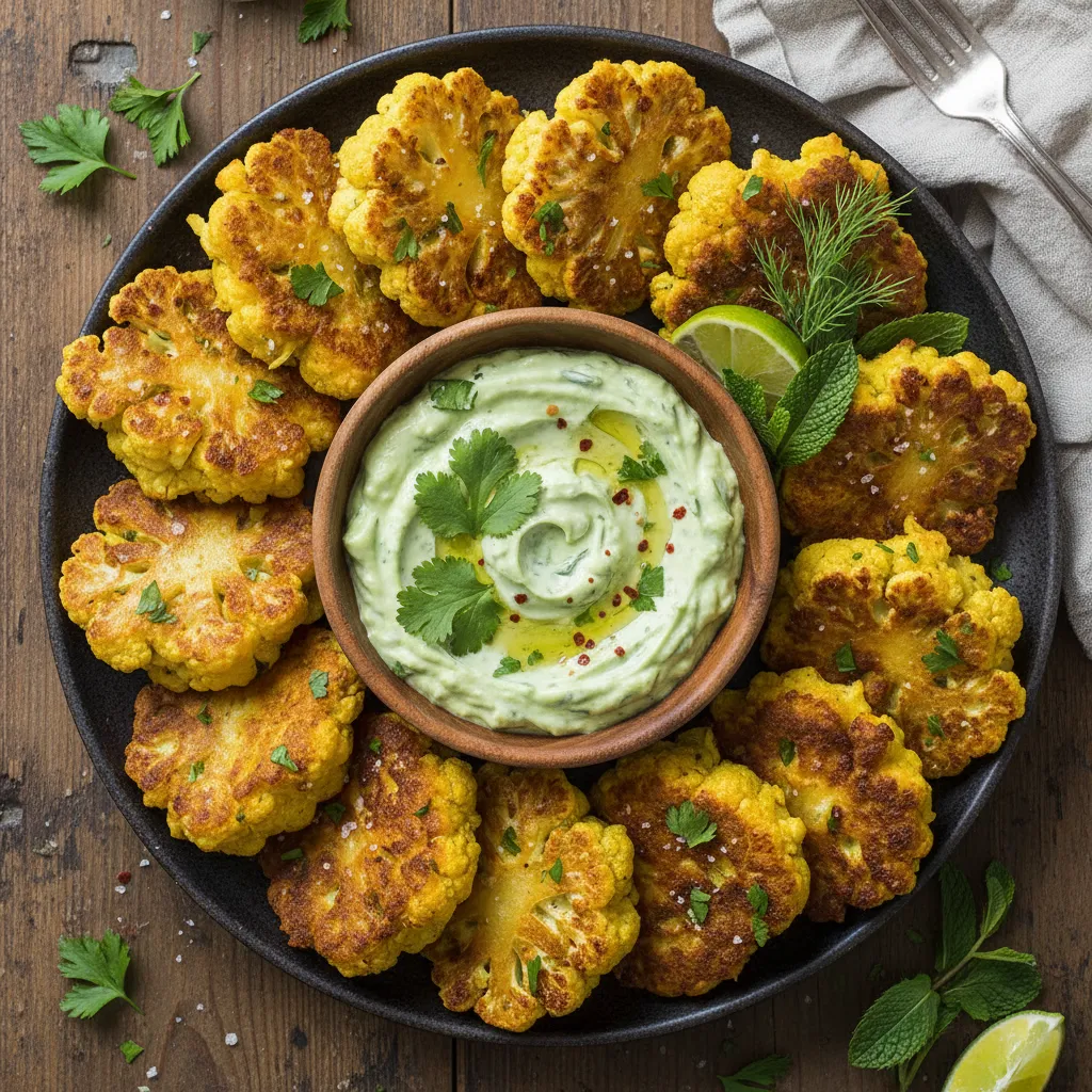 Crispy Tumeric-Infused Cauliflower Fritters with Avocado-Herb Dip