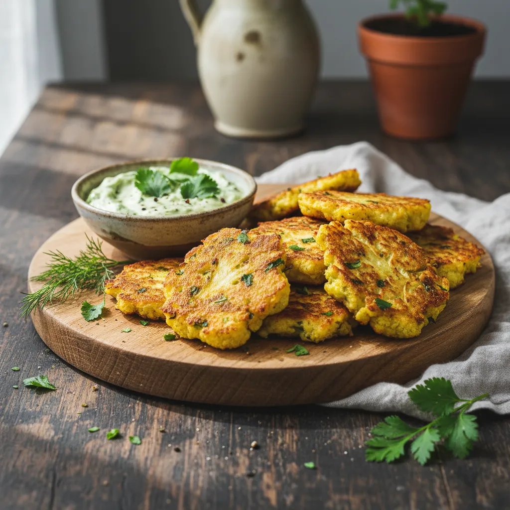 Crispy Tumeric-Infused Cauliflower Fritters with Avocado-Herb Dip