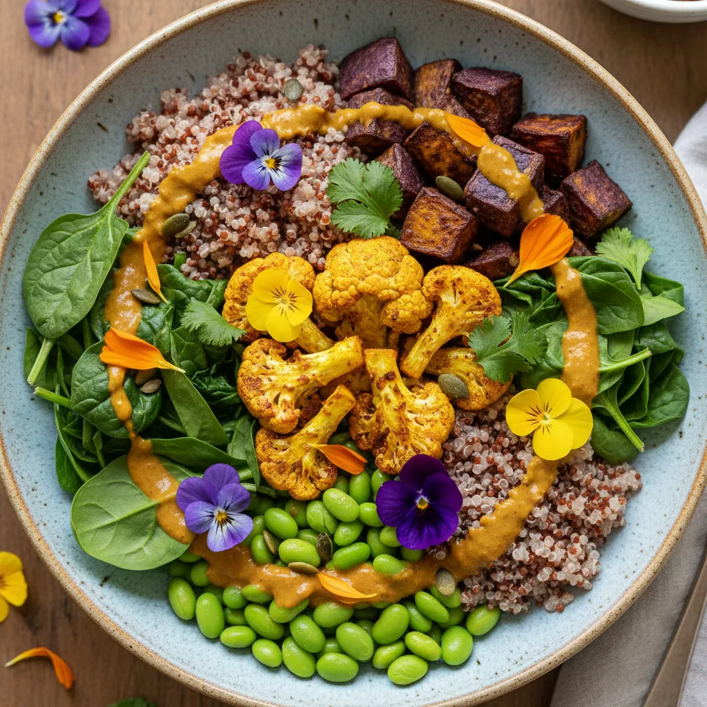 Curried Cauliflower & Edible Flower Buddha Bowl