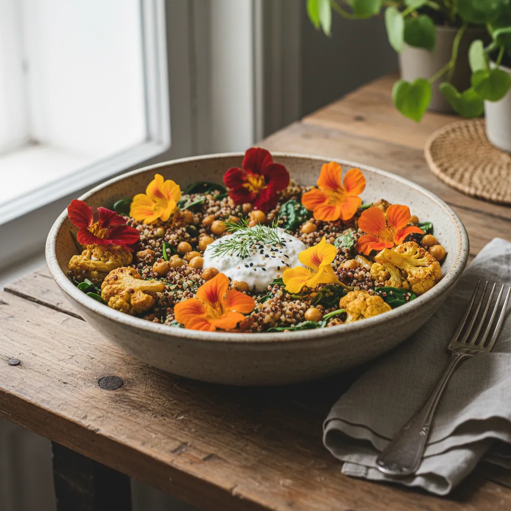 Curried Cauliflower & Edible Flower Buddha Bowl