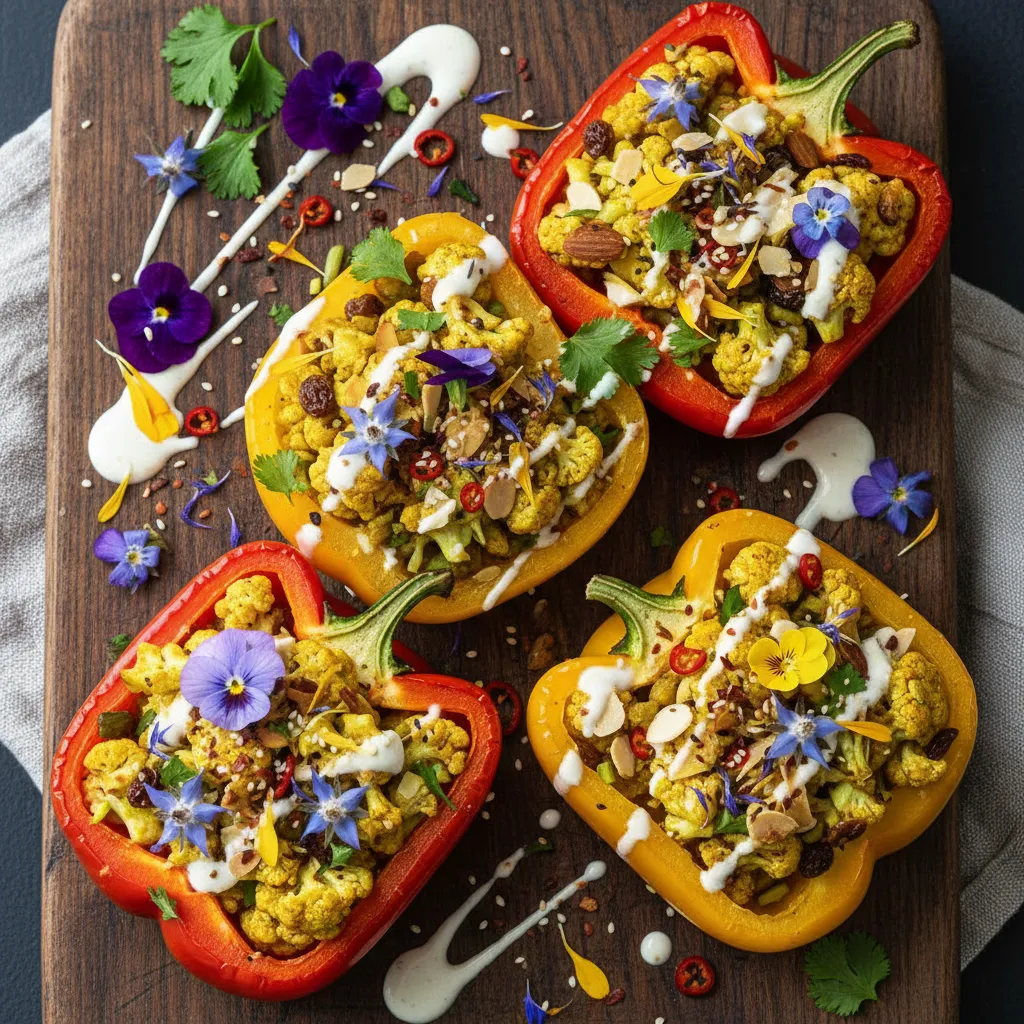 Curried Cauliflower and Edible Flower Stuffed Bell Peppers