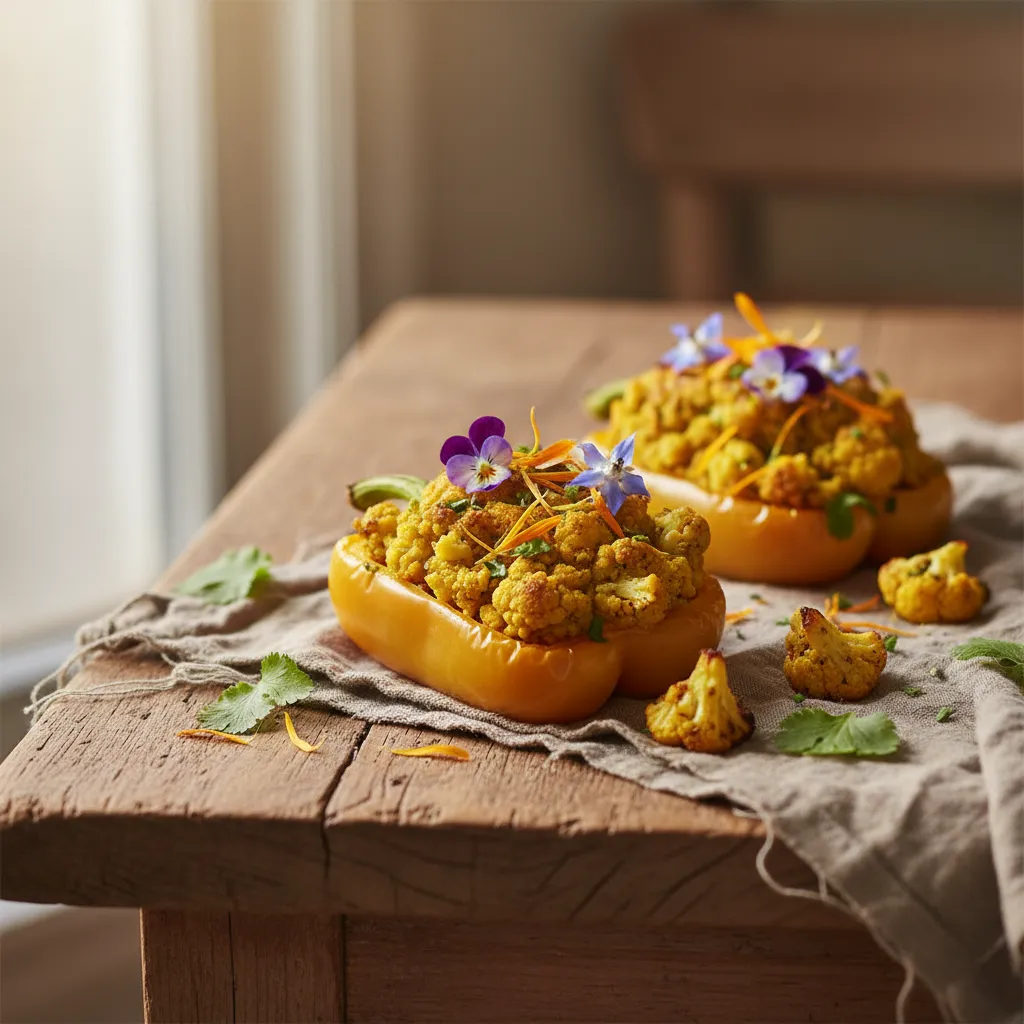 Curried Cauliflower and Edible Flower Stuffed Bell Peppers