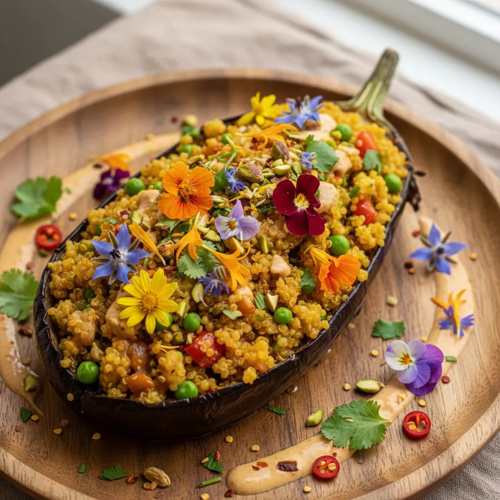 Curried Quinoa Stuffed Eggplant with Edible Flower Garnish