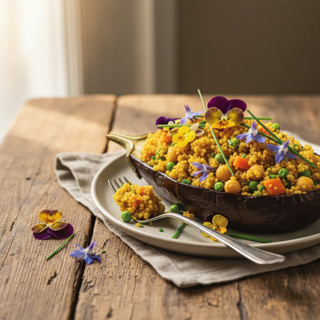 Curried Quinoa Stuffed Eggplant with Edible Flower Garnish