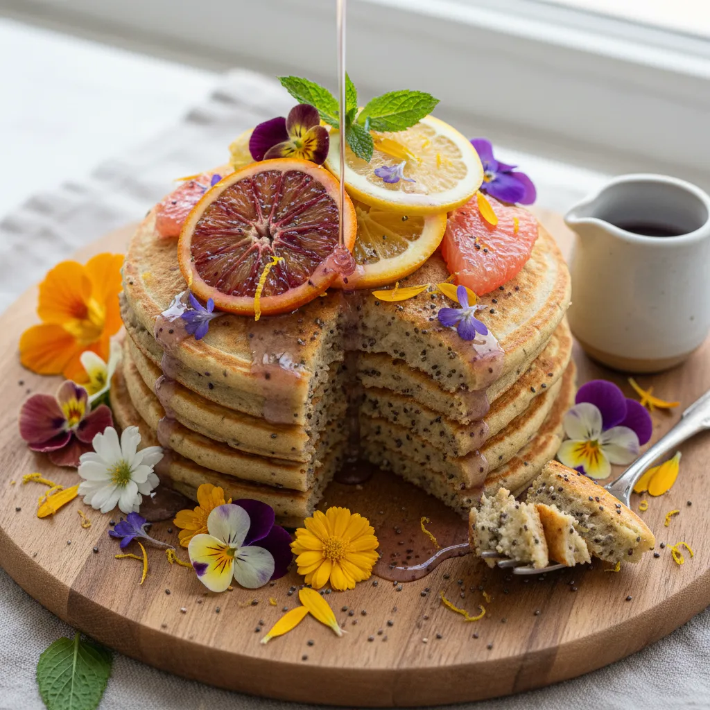 Edible Flower Citrus Chia Pancakes with Lavender Honey Drizzle