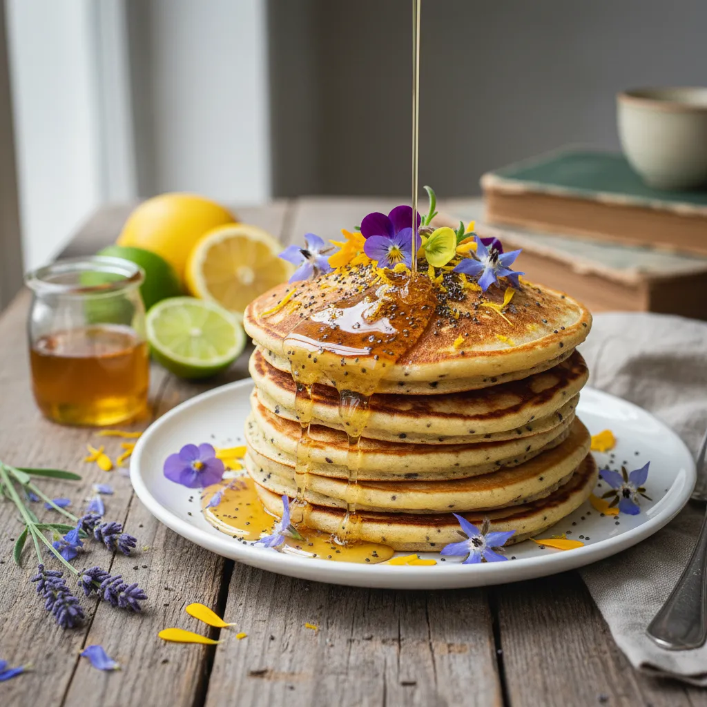 Edible Flower Citrus Chia Pancakes with Lavender Honey Drizzle