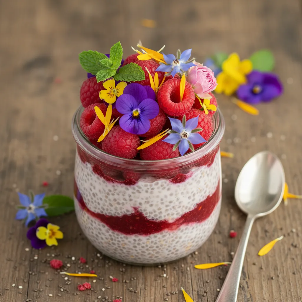 Edible Flower and Raspberry Chia Pudding Delight