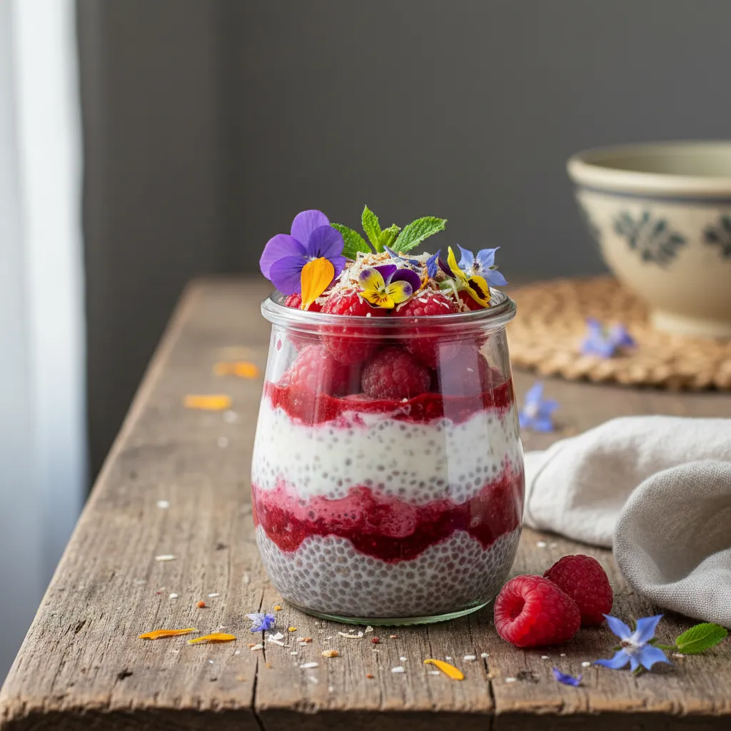 Edible Flower and Raspberry Chia Pudding Delight