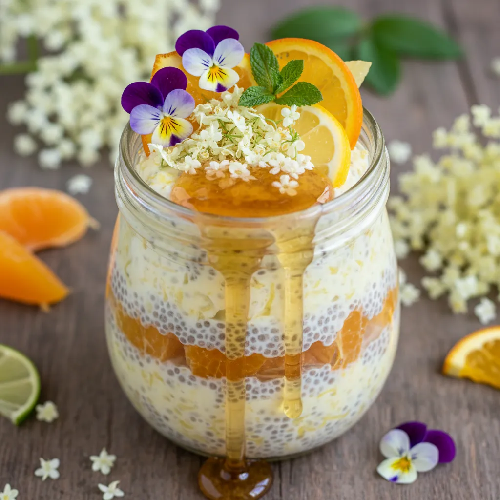 Elderflower Citrus Chia Pudding Delight with Floral Honey Drizzle