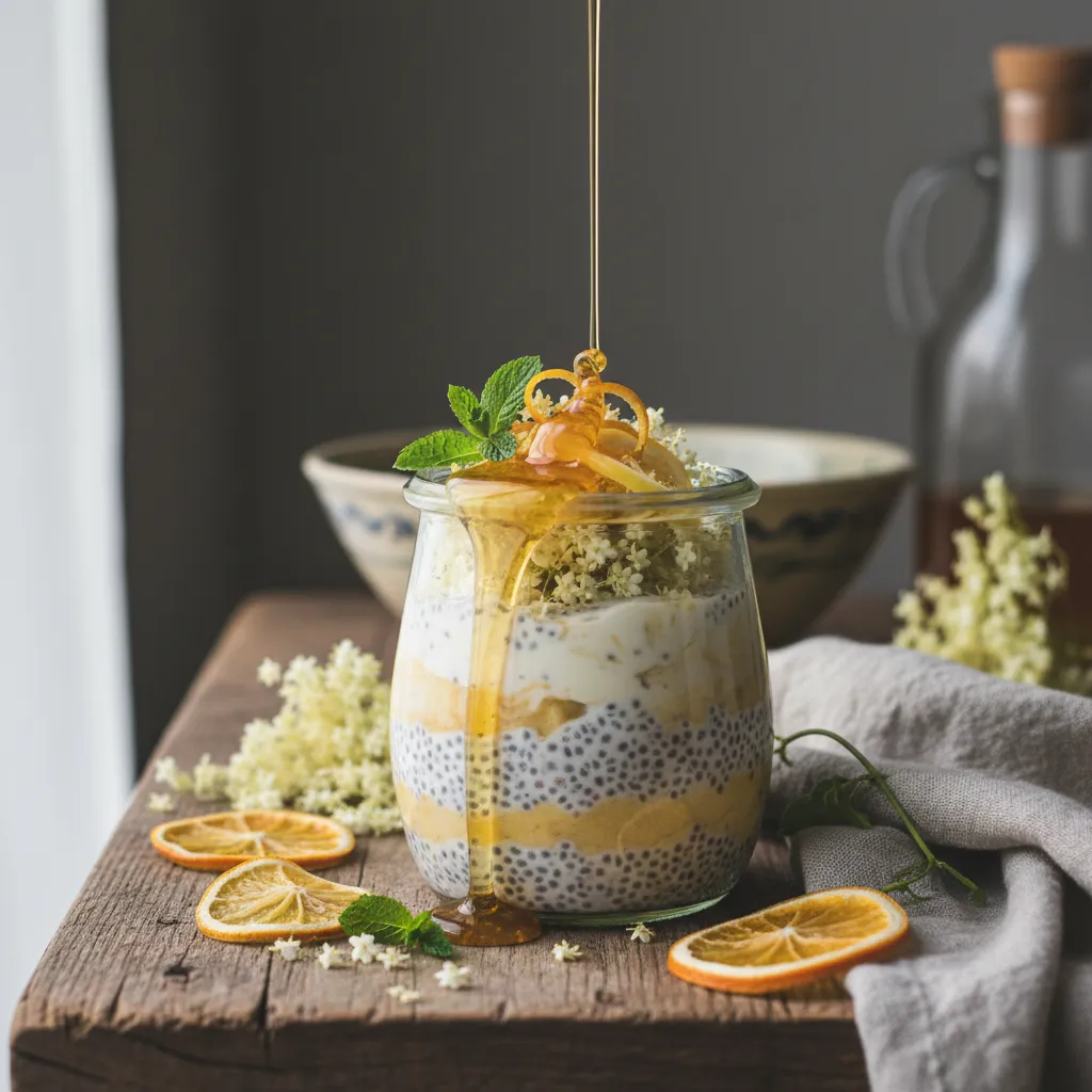Elderflower Citrus Chia Pudding Delight with Floral Honey Drizzle