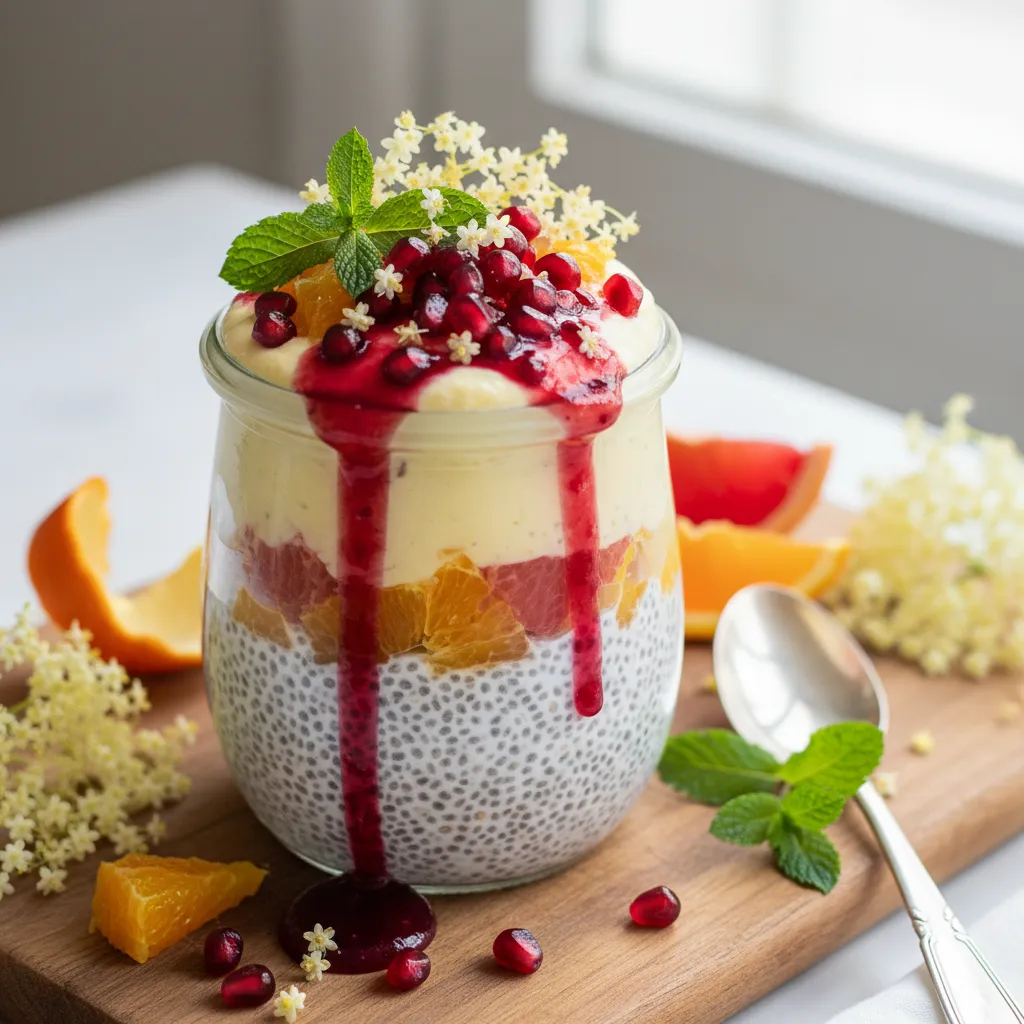 Elderflower Citrus Chia Pudding with Pomegranate Drizzle