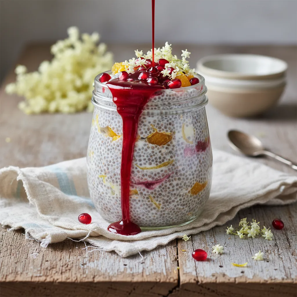 Elderflower Citrus Chia Pudding with Pomegranate Drizzle