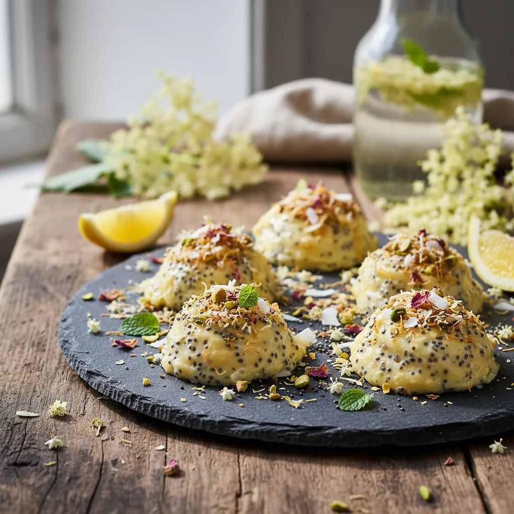 Elderflower Infused Lemon Chia Pudding Bites with Floral Crunch