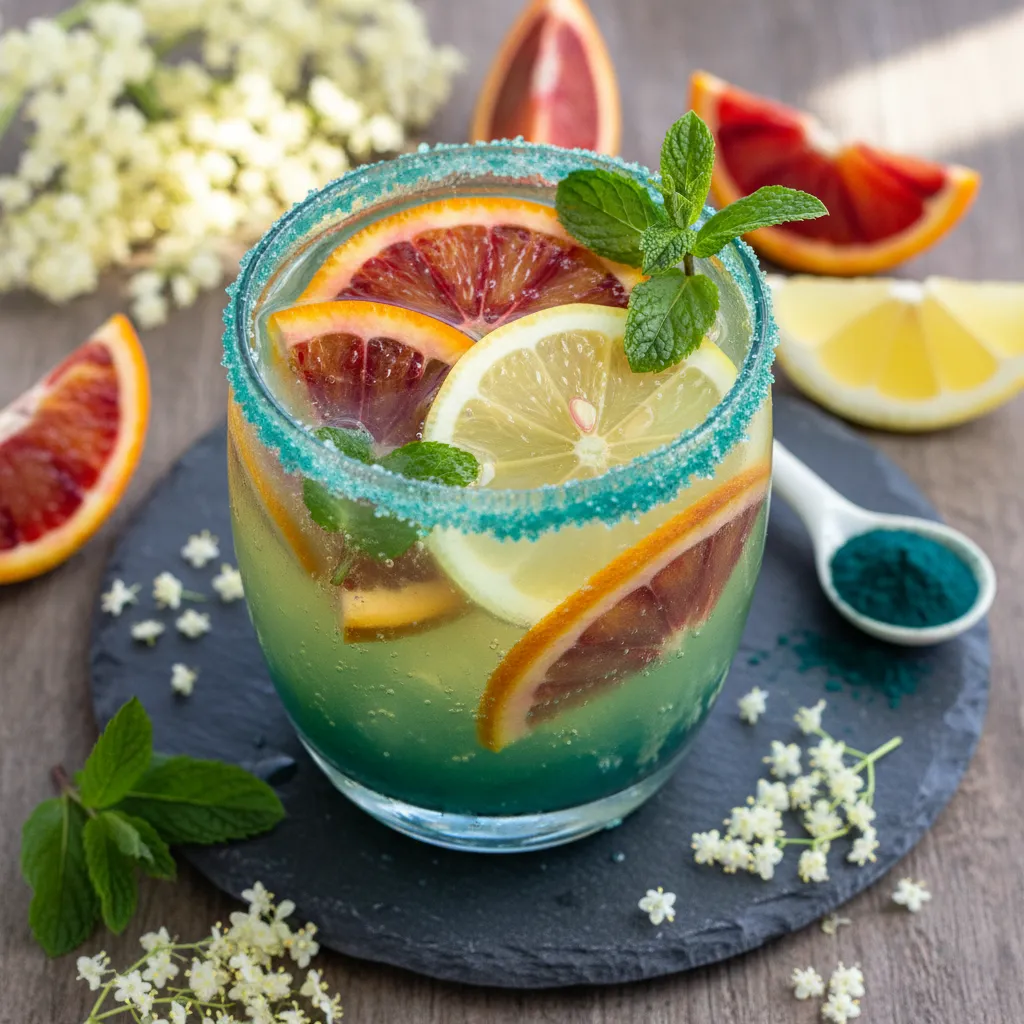 Elderflower Mint Citrus Cooler with Spirulina Twist