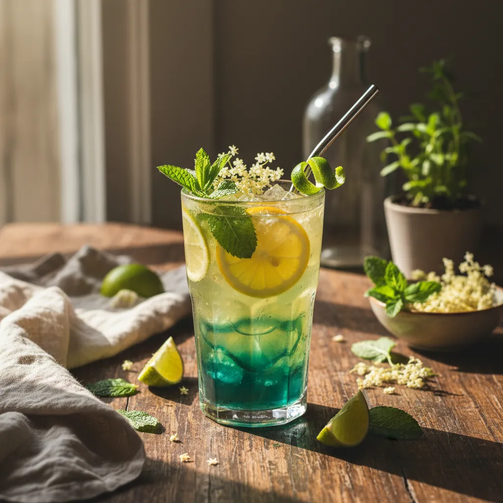 Elderflower Mint Citrus Cooler with Spirulina Twist