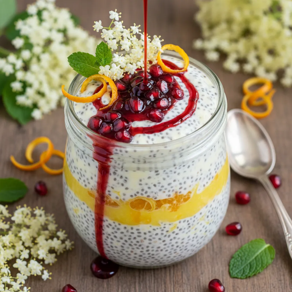 Elderflower and Citrus Chia Seed Pudding with Pomegranate Drizzle