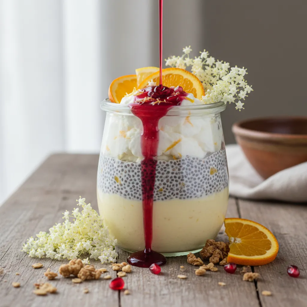 Elderflower and Citrus Chia Seed Pudding with Pomegranate Drizzle