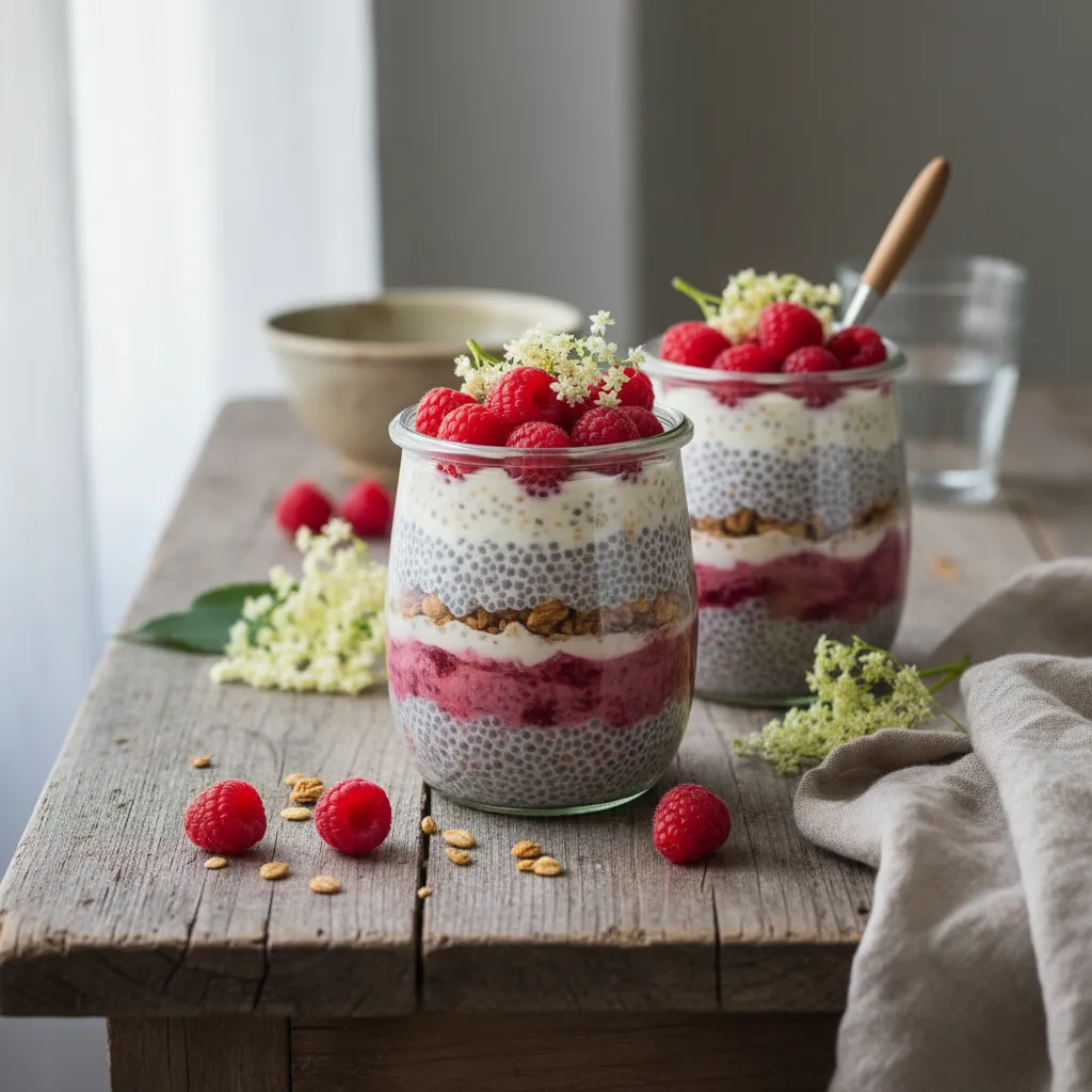 Elderflower and Raspberry Chia Pudding Parfaits