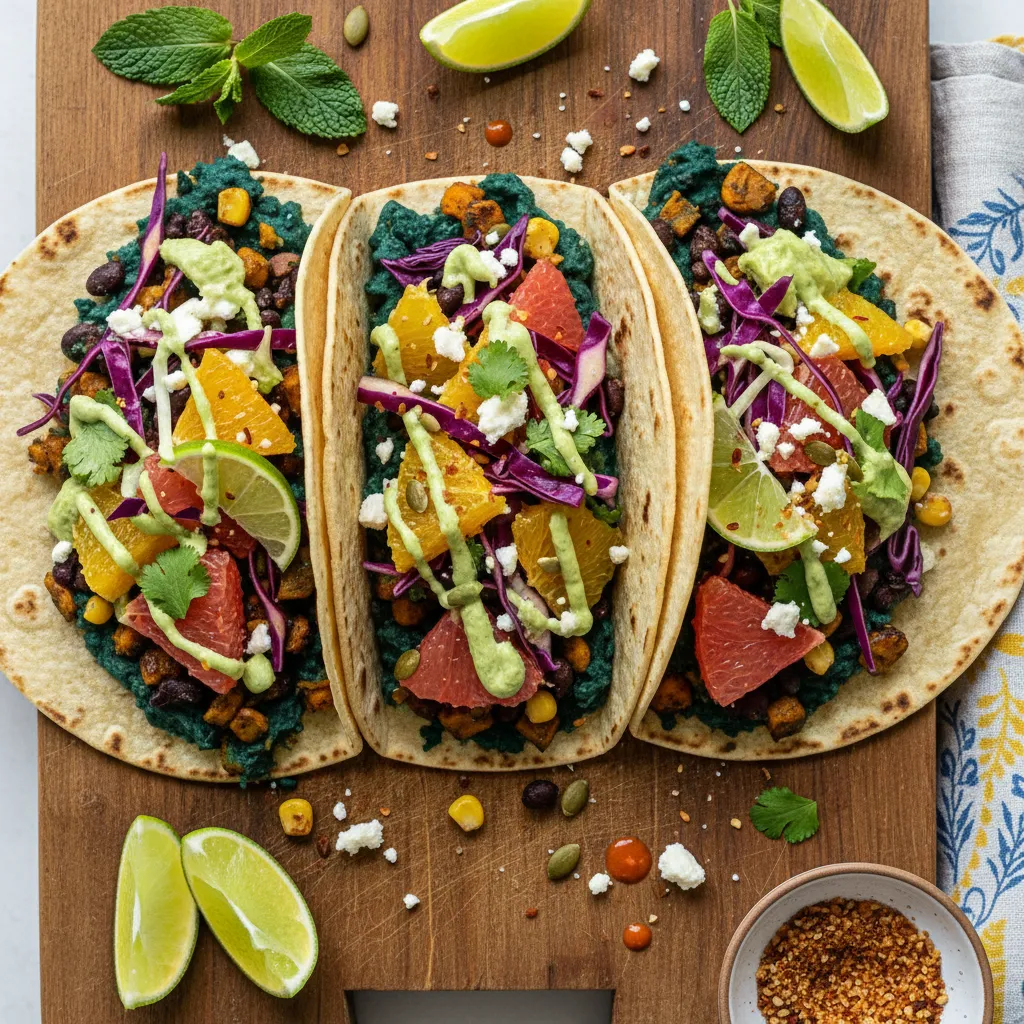 Energizing Spirulina and Sweet Potato Tacos with Citrus Slaw