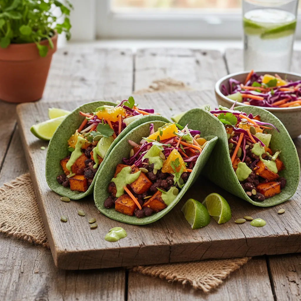 Energizing Spirulina and Sweet Potato Tacos with Citrus Slaw
