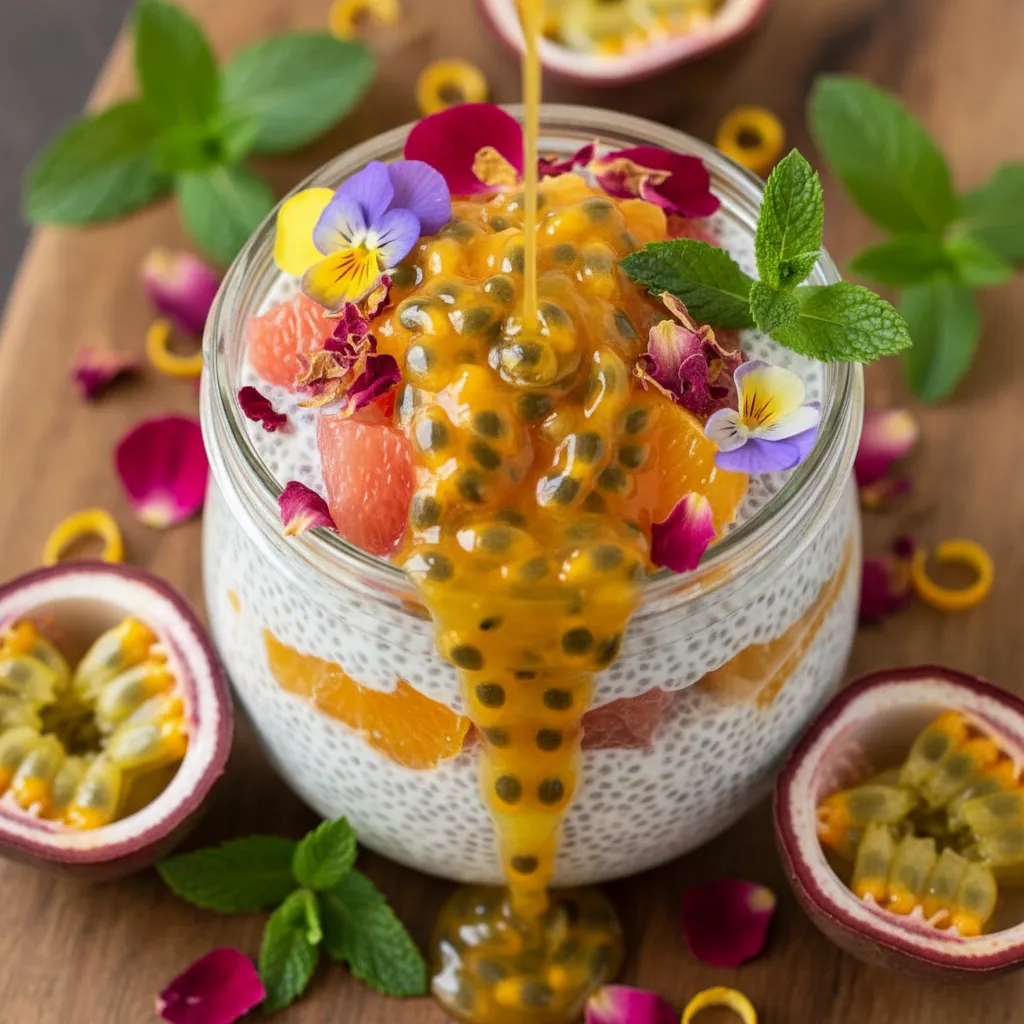Floral Citrus Bliss Chia Pudding with Passionfruit Drizzle