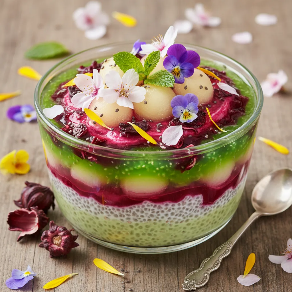 Floral Honeydew Chia Pudding with Hibiscus Infusion