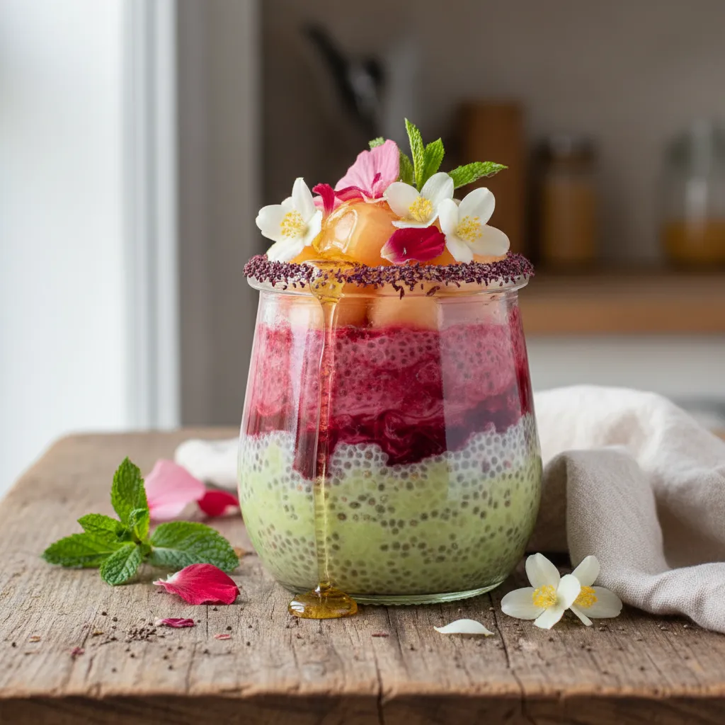 Floral Honeydew Chia Pudding with Hibiscus Infusion