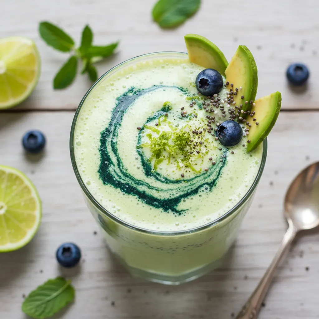 Fluffy Avocado Lime Matcha Smoothie with Spirulina Swirl