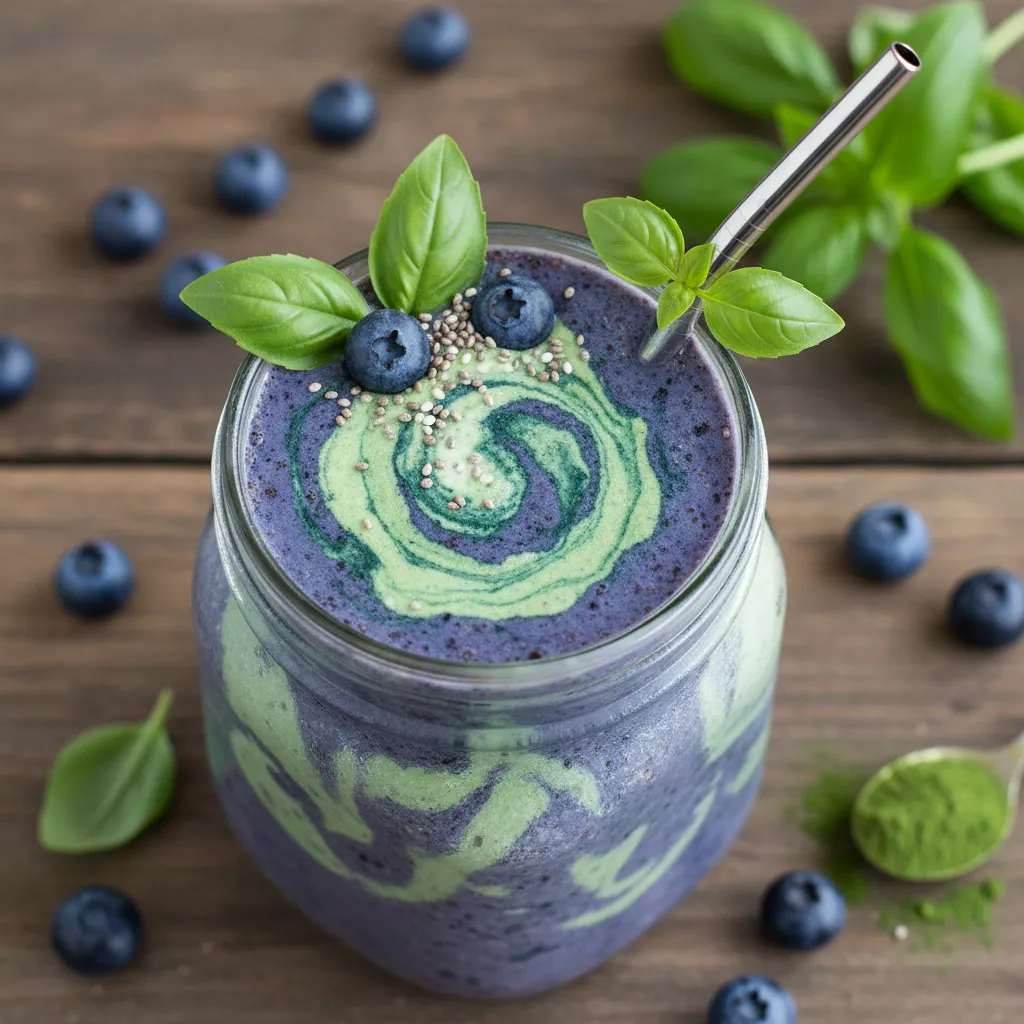 Frosty Blueberry Basil Chia Smoothie with Spirulina Twist