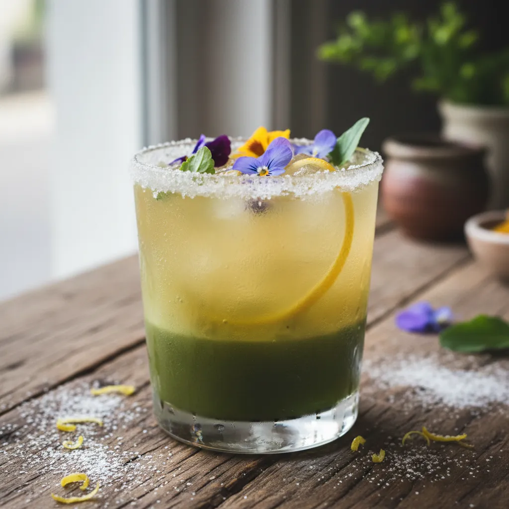 Frosty Citrus-Matcha Elixir With Edible Flowers