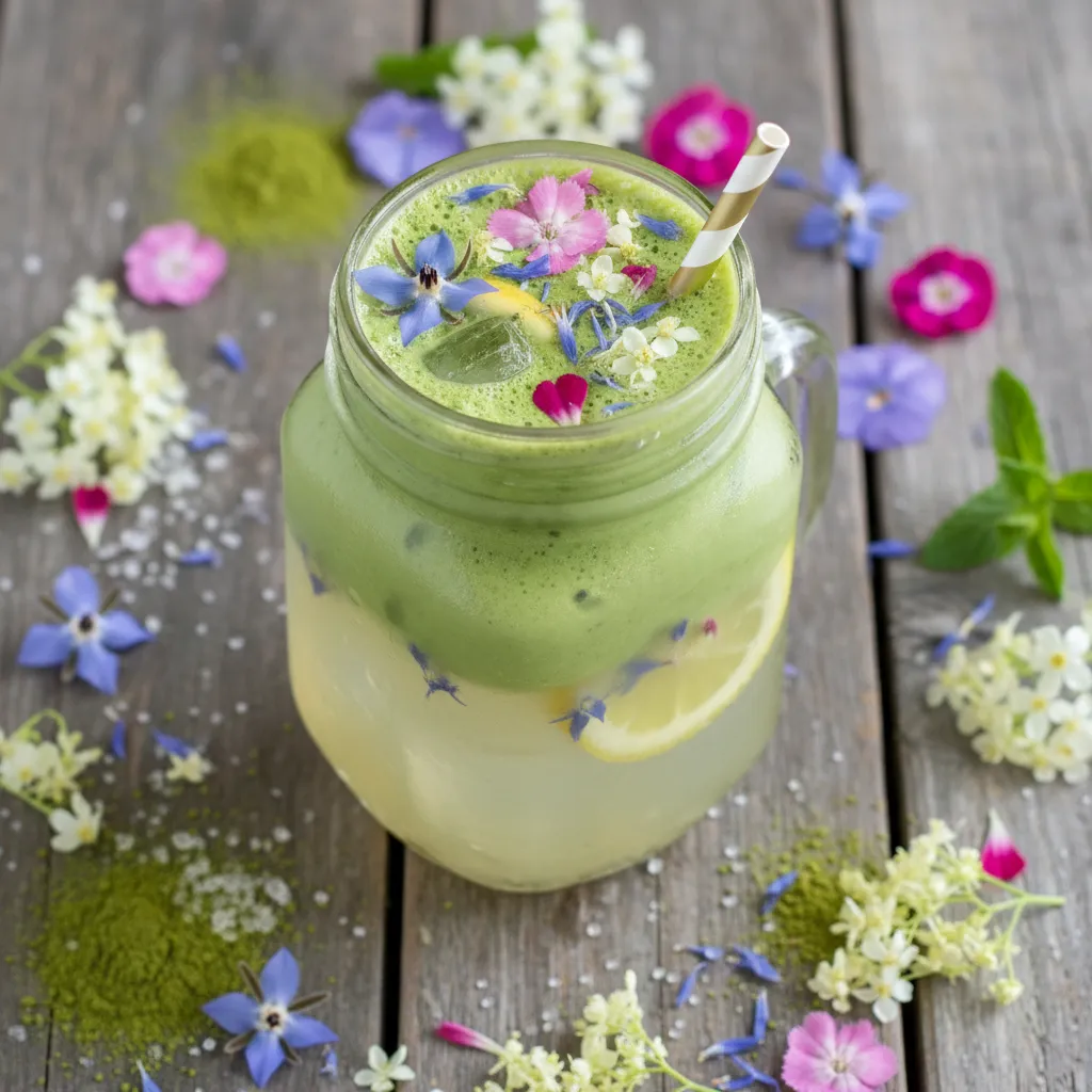 Frosty Elderflower Matcha Lemonade with Edible Flowers