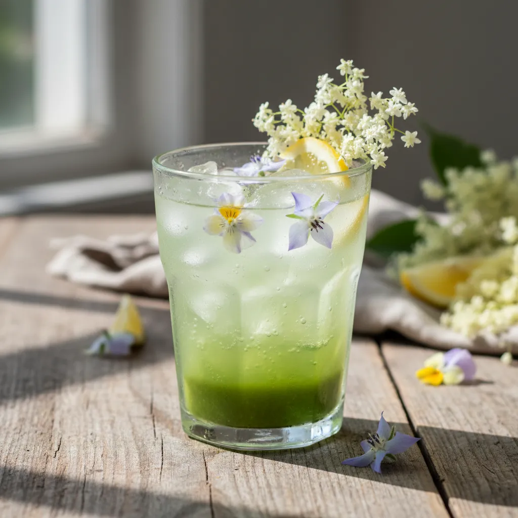Frosty Elderflower Matcha Lemonade with Edible Flowers