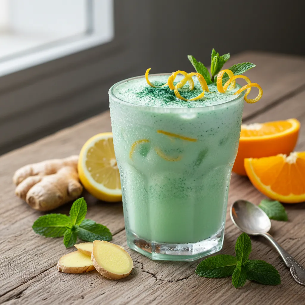 Frosty Ginger Mint Infusion with Spirulina and a Citrus Zest