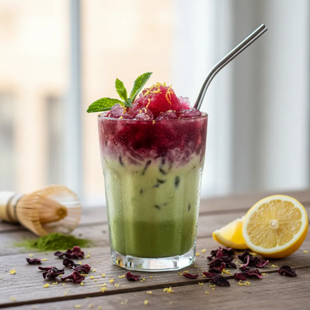 Frosty Hibiscus Matcha Smash with Lemon Zest