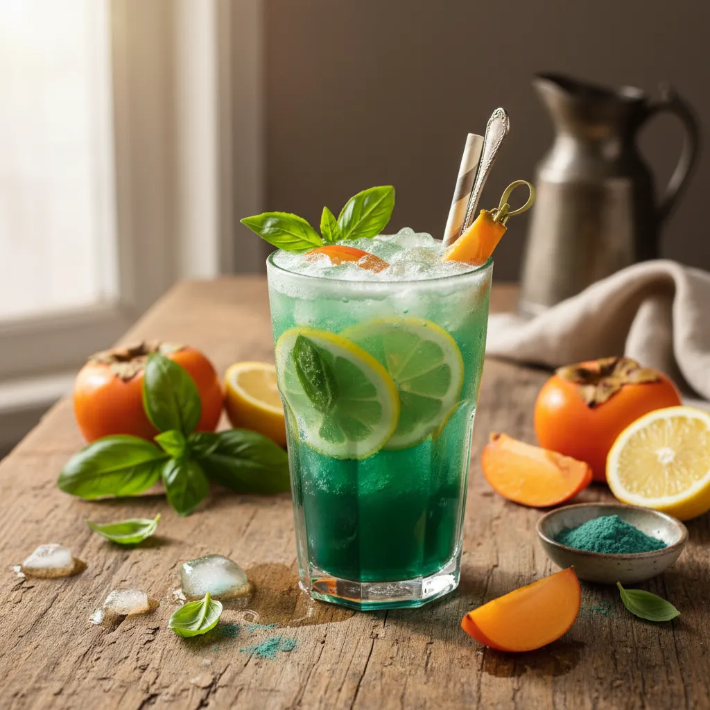 Frosty Persimmon-Basil Lemonade with Spirulina Infusion