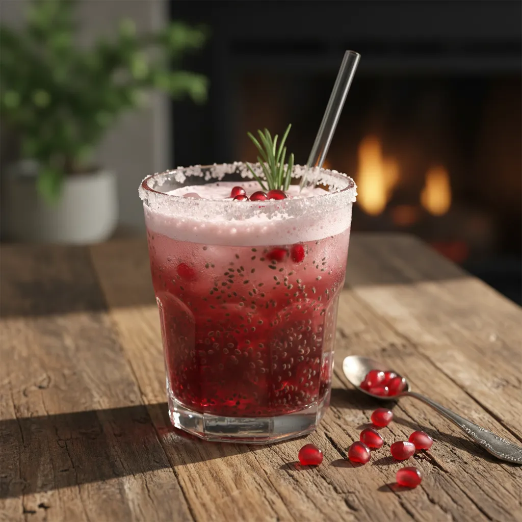 Frosty Pomegranate Chia Fizz with Rosemary Infusion