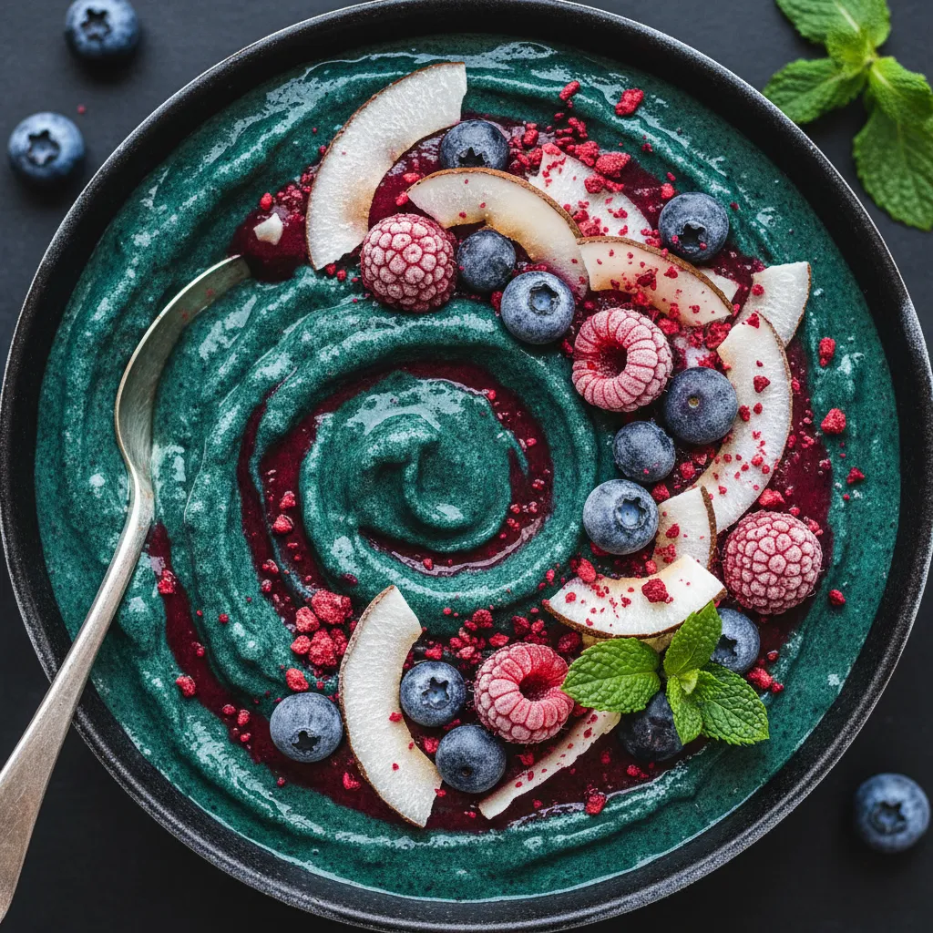 Frosty Spirulina Berry Smoothie Bowl with Coconut Flakes