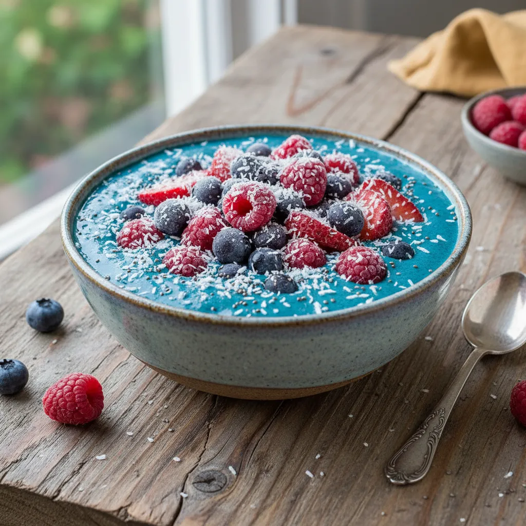 Frosty Spirulina Berry Smoothie Bowl with Coconut Flakes