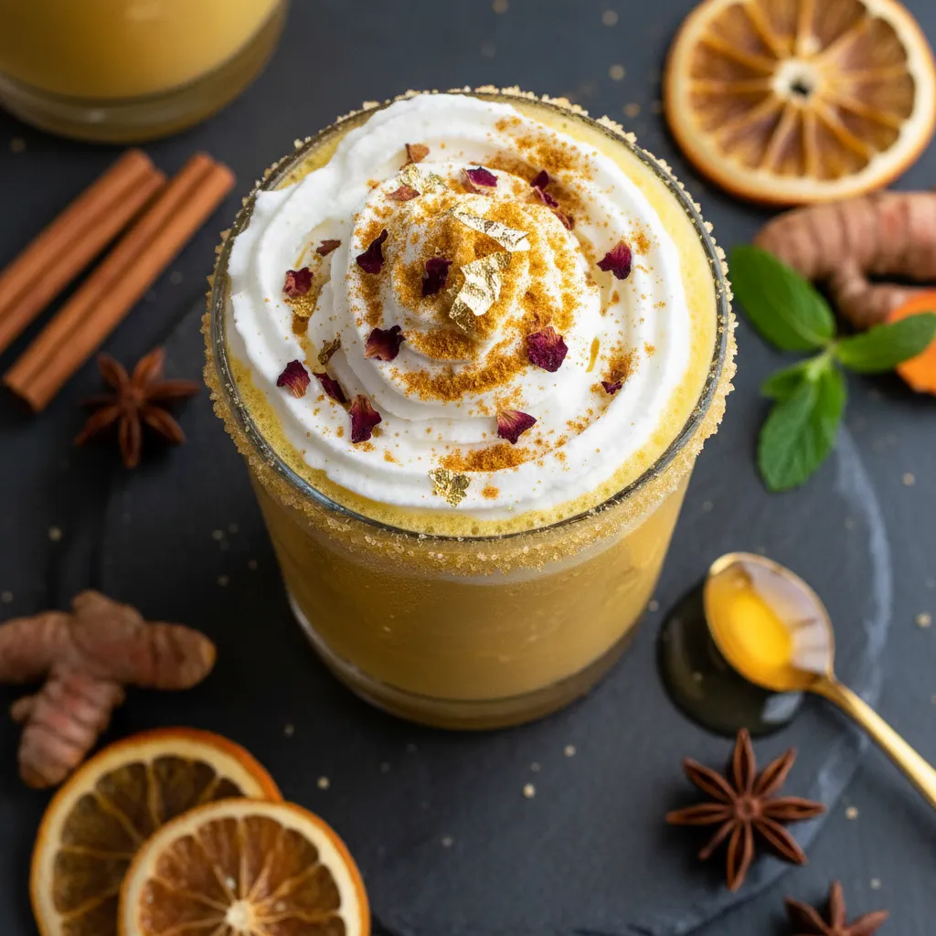 Frosty Turmeric Golden Milk Mocktail with Coconut Whipped Cream