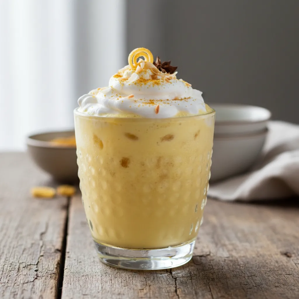 Frosty Turmeric Golden Milk Mocktail with Coconut Whipped Cream