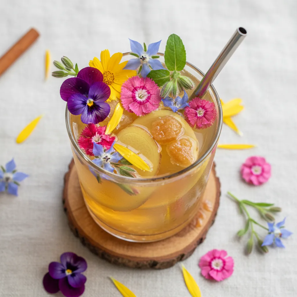 Ginger-Spiced Maple Lemonade with Edible Flowers
