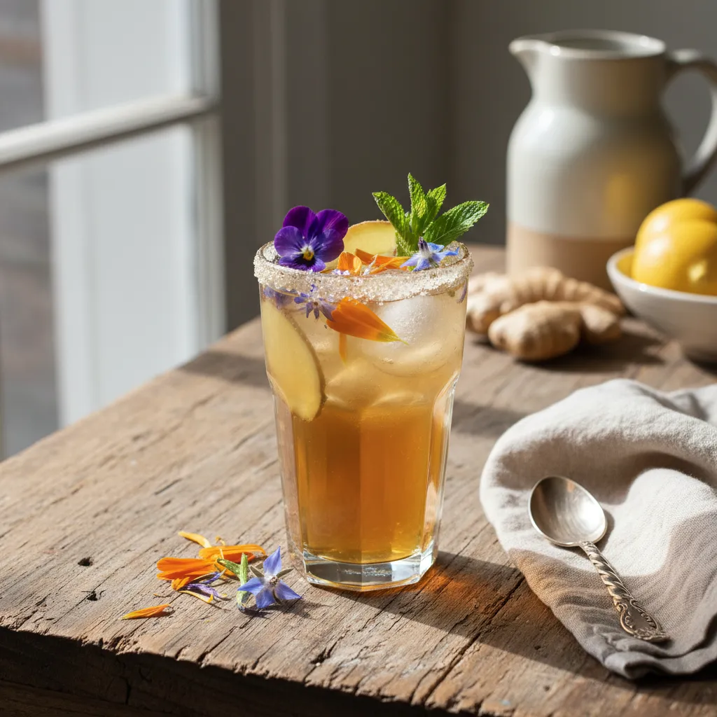 Ginger-Spiced Maple Lemonade with Edible Flowers
